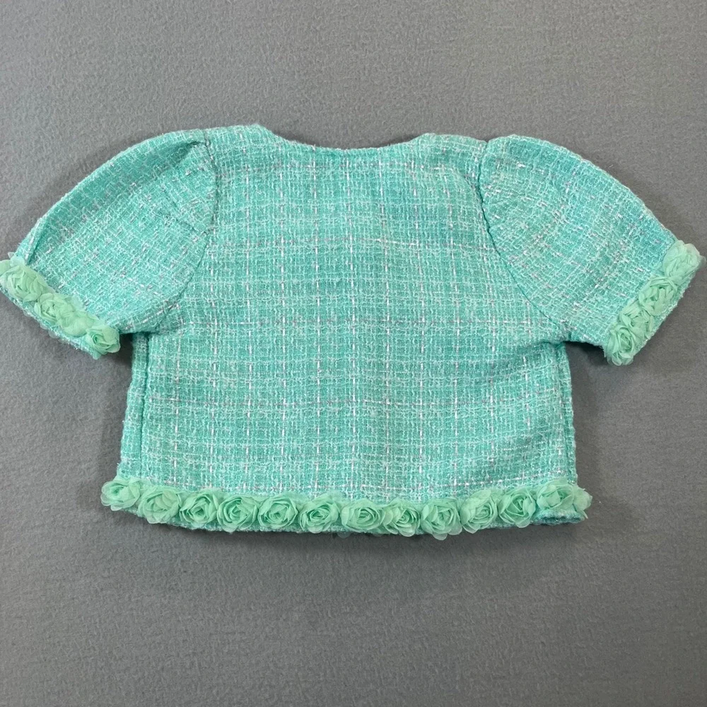Mia Belle Girls Mint Green Tweed 2 Piece Set Rosette Trim Shorts Jacket Size 7/8